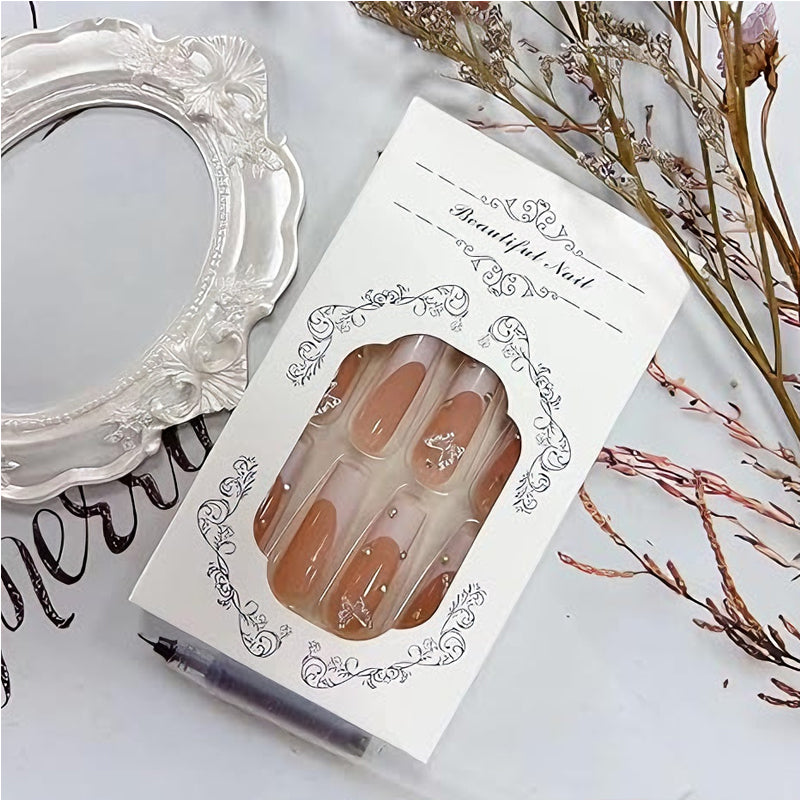 24-Piece Long Square Press-On Nails - Pink Diamond Butterfly Design