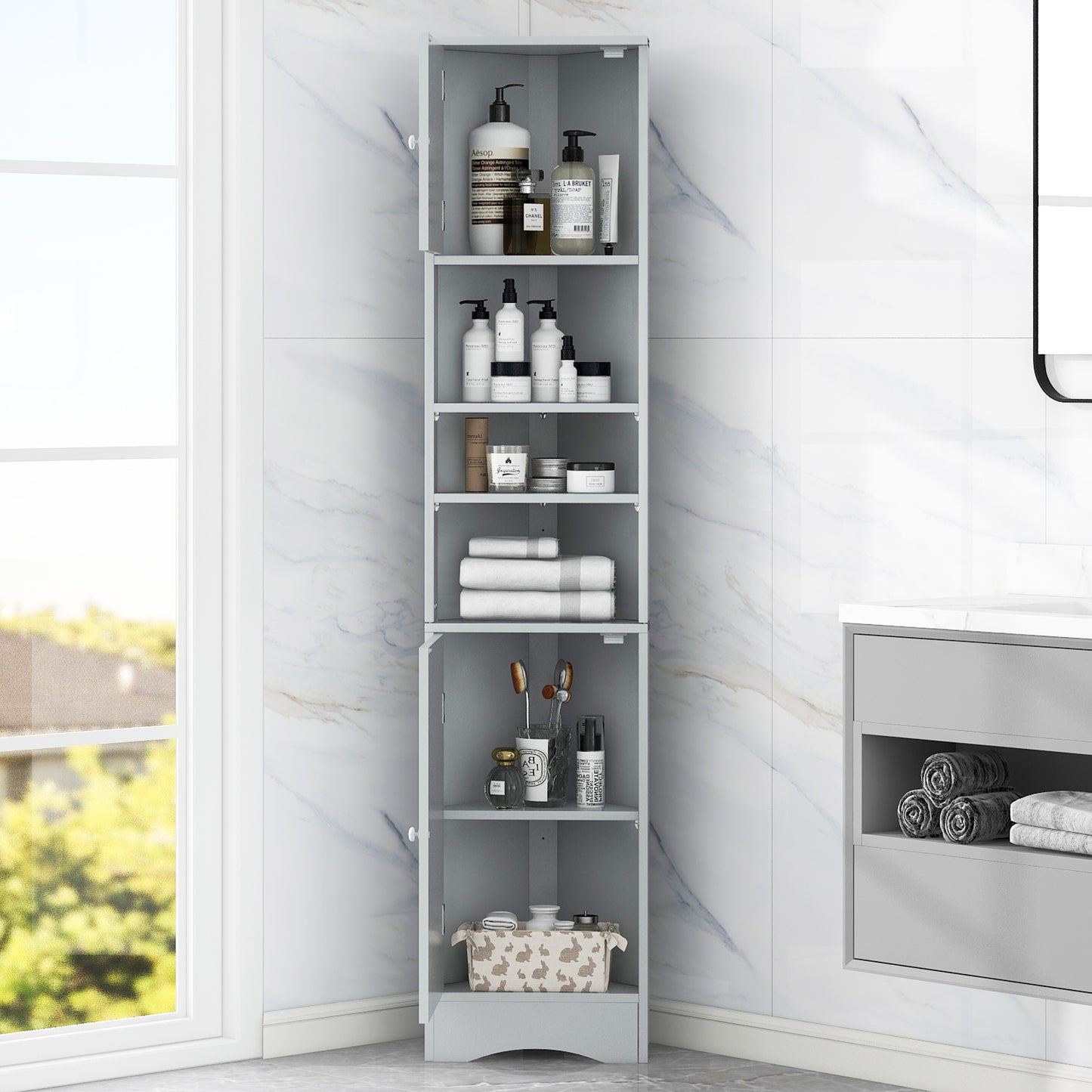 Tall Bathroom Storage Cabinet with Adjustable Shelves - Grey