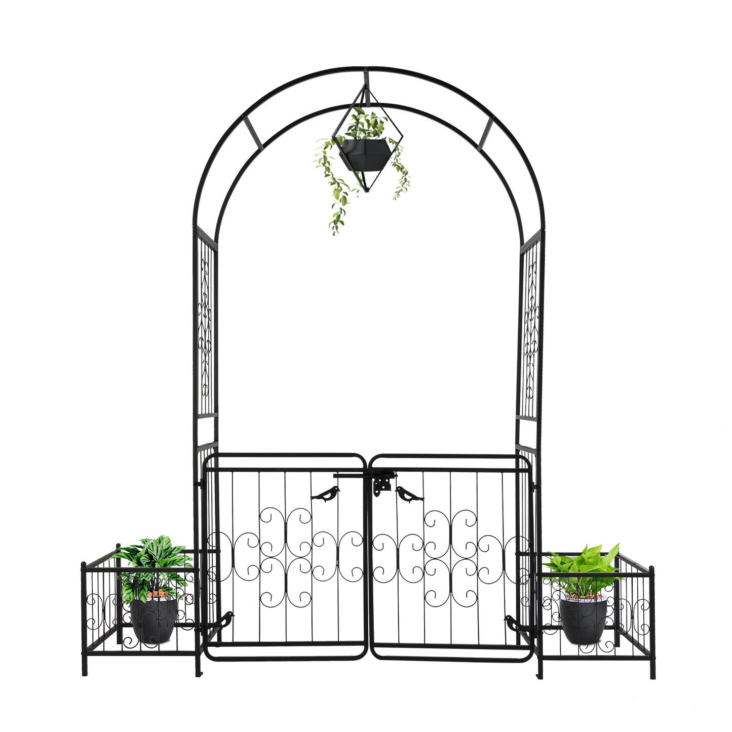Garden Arbor Arch with Gate and Planter Box - Black Iron Support for Climbing Plants