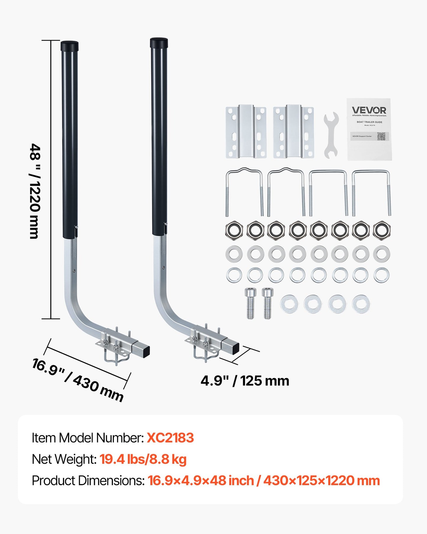 Boat Trailer Guide Poles - Adjustable 40/48 Inch Steel Guide-Ons with PVC Protectors for Ski, Fishing & Sailboats
