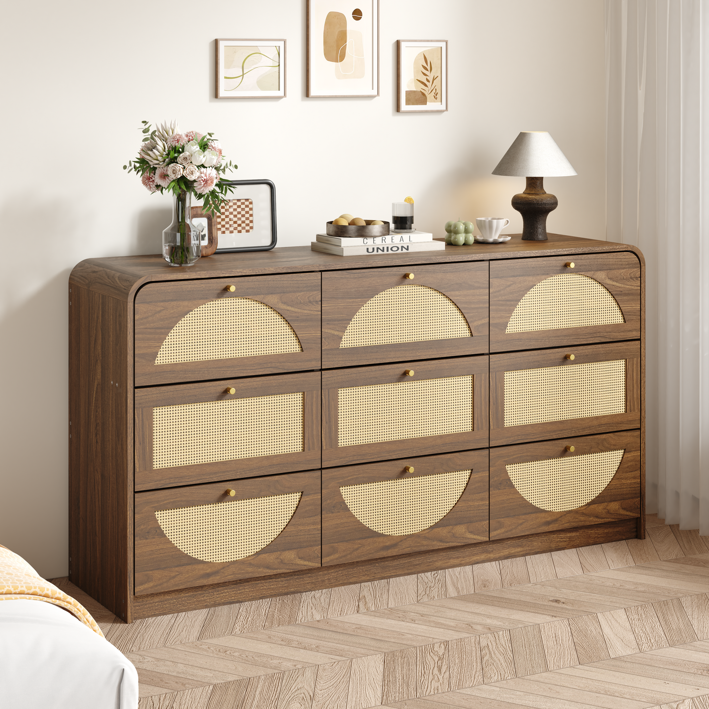Modern 9-Drawer Dresser with Rattan Front - Walnut Finish