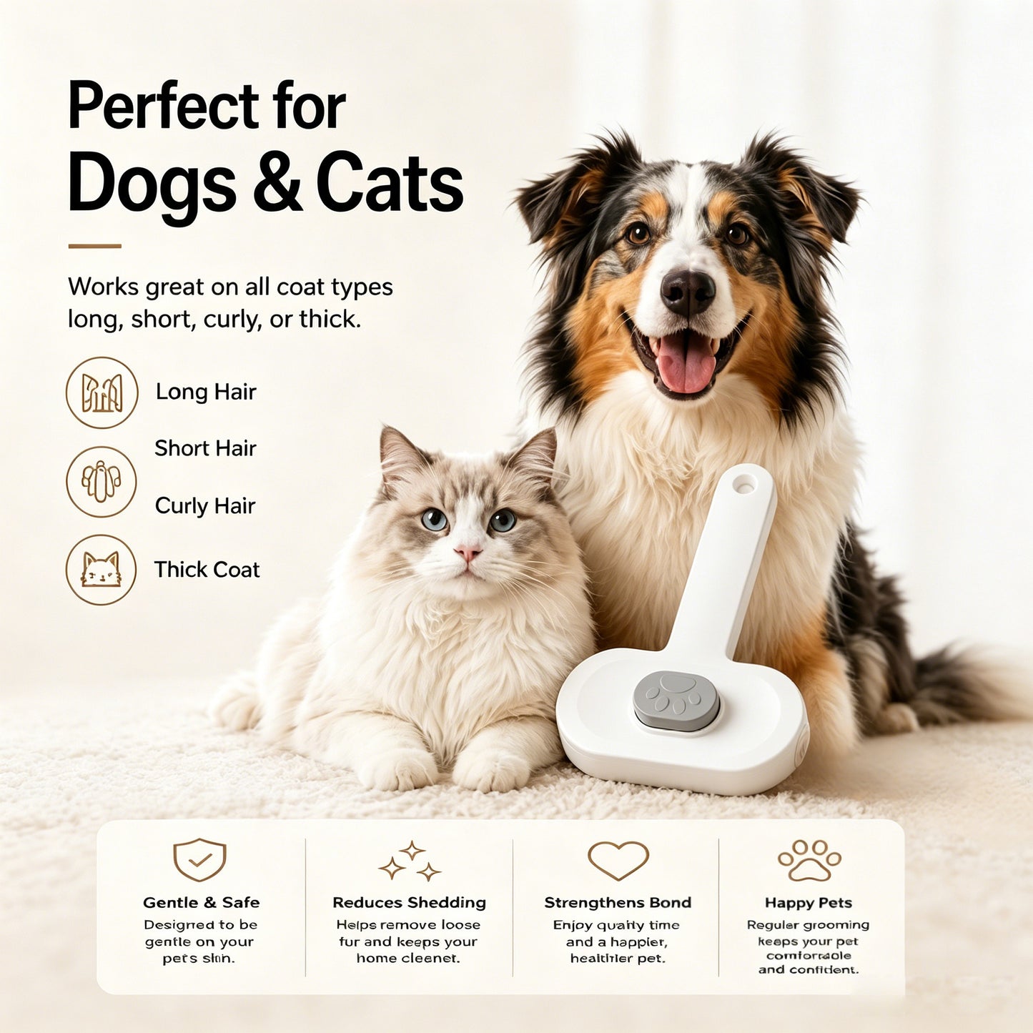 Pet Self-Cleaning Slicker Brush for Cats & Dogs - Gentle Deshedding Tool White