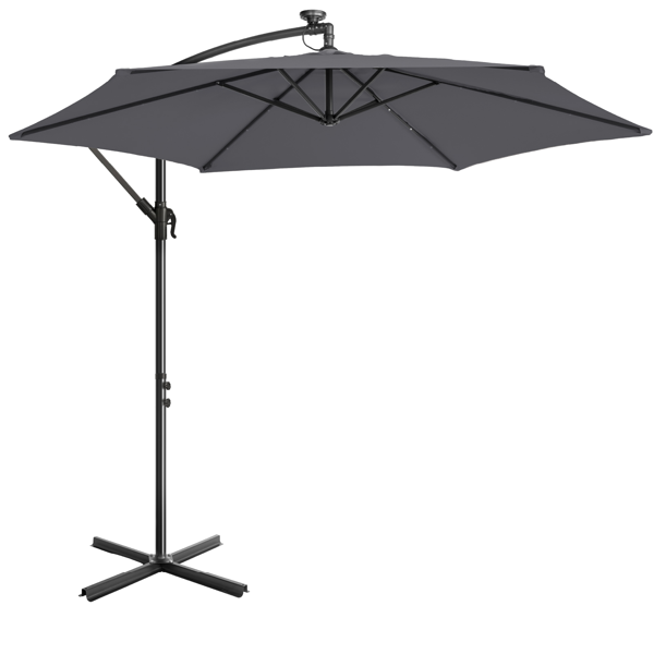 10FT Round Hanging Patio Umbrella with LED Lights & Stand - Gray