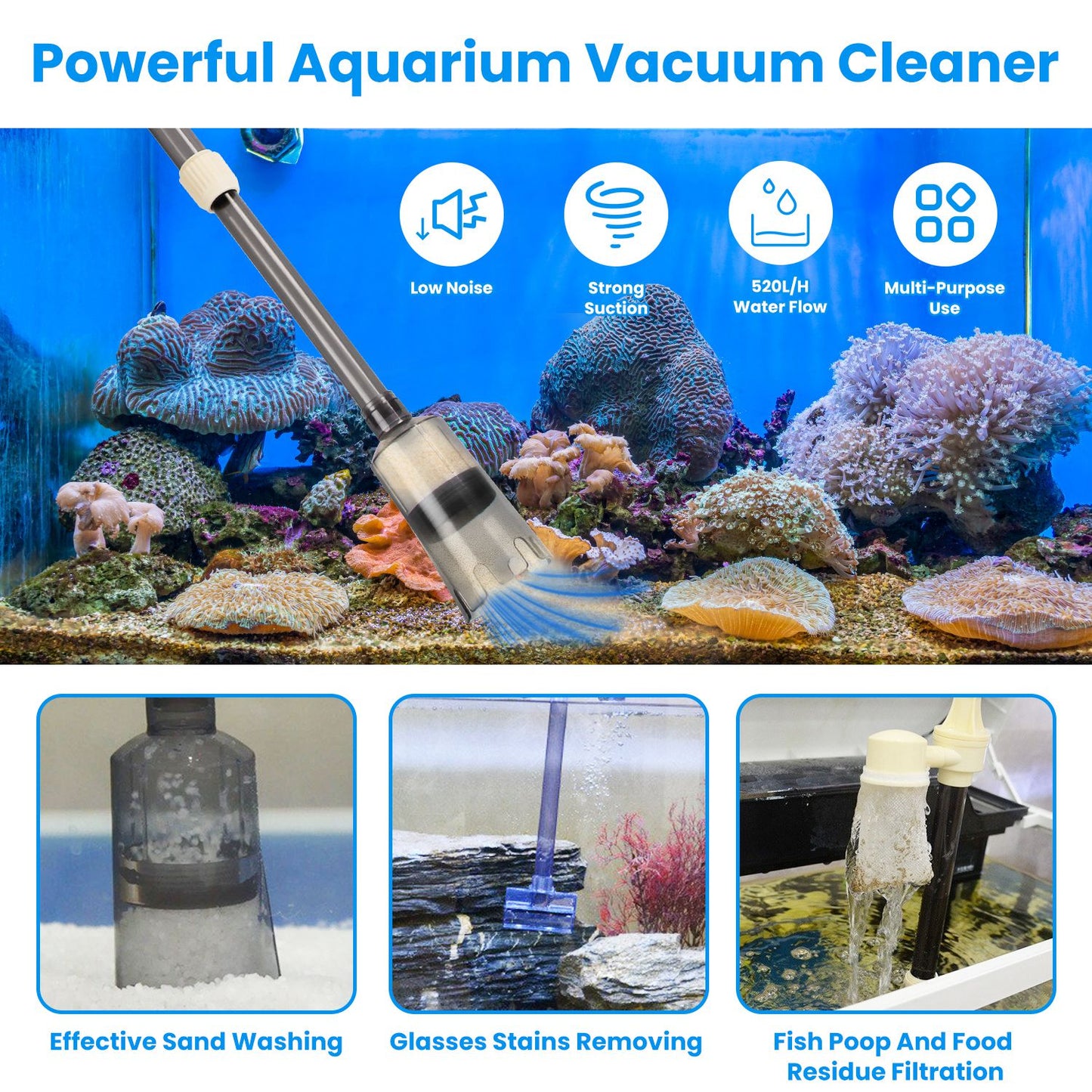 Electric Aquarium Gravel Cleaner Kit with Adjustable Length Water Vacuum Fish Tank Filter
