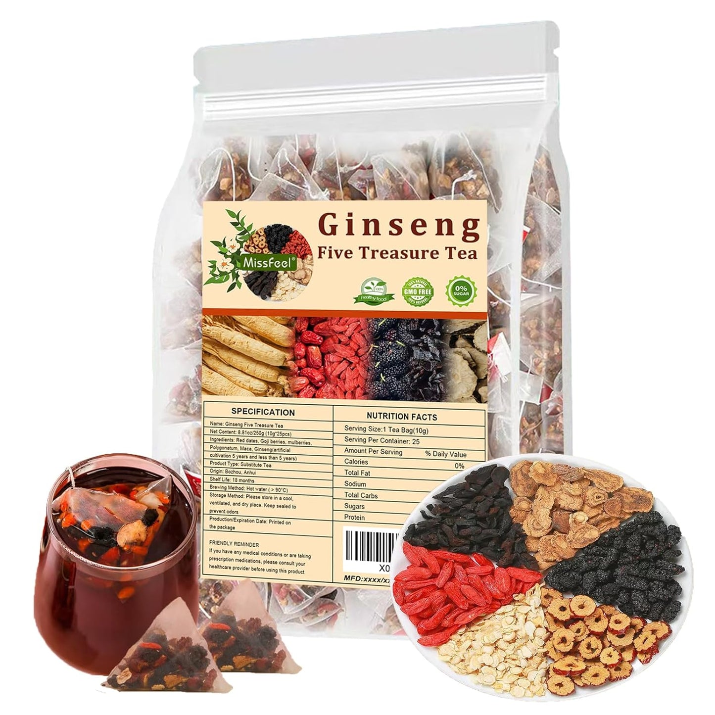 Ginseng Five Treasure Herbal Tea - 25 Natural Detox Tea Bags