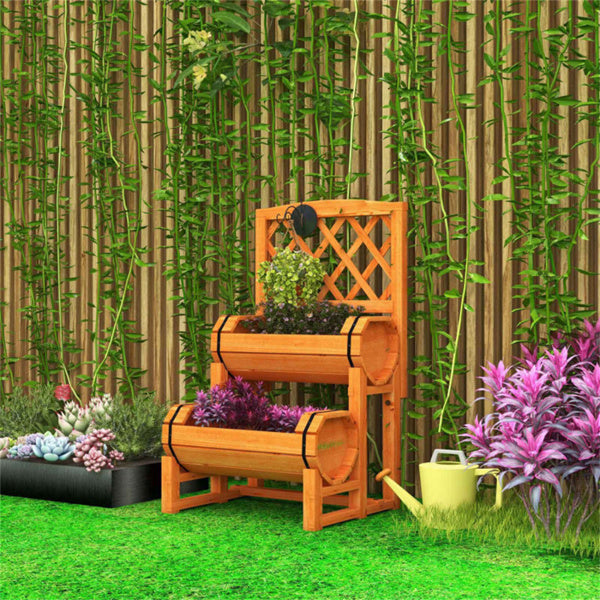 2-Tier Fir Wood Raised Garden Bed with Trellis - Outdoor Planter Box