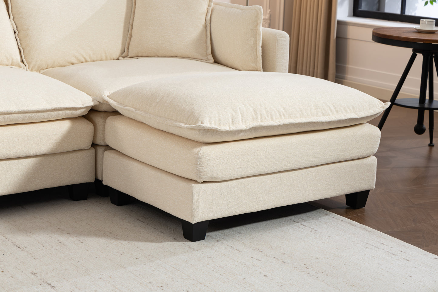 Antique White 4-Seat Sectional Sofa with Ottoman & Pillows