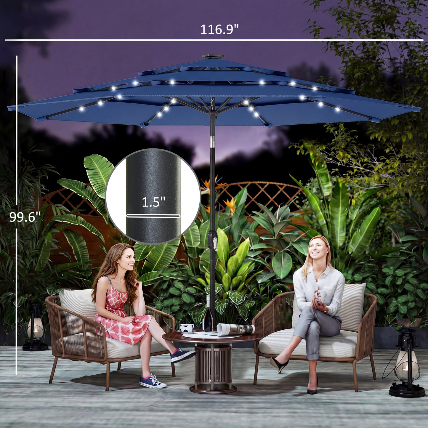 9.7 ft Outdoor Patio Umbrella with Solar LED Lights - Navy Blue