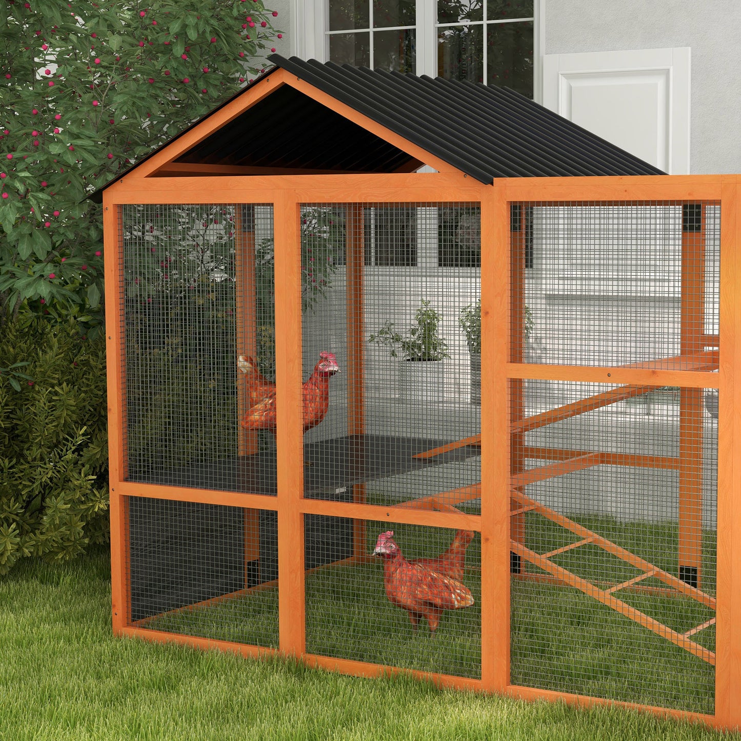 Wooden Chicken Coop Run for 6-10 Chickens with Storage and Perches - 141.75 x 48 x 61 inches, Orange