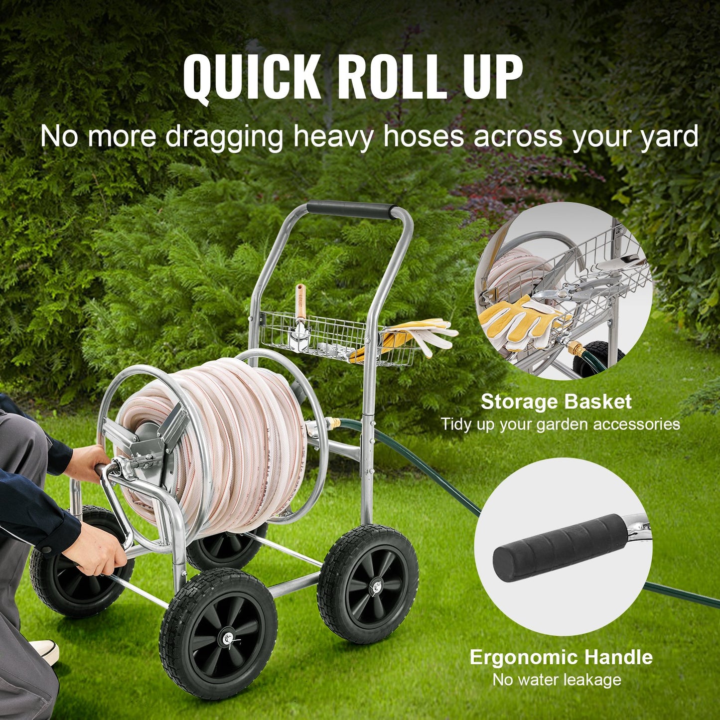Garden Hose Reel Cart 300 Ft Capacity Heavy Duty Steel Outdoor Water Hose Storage Grey