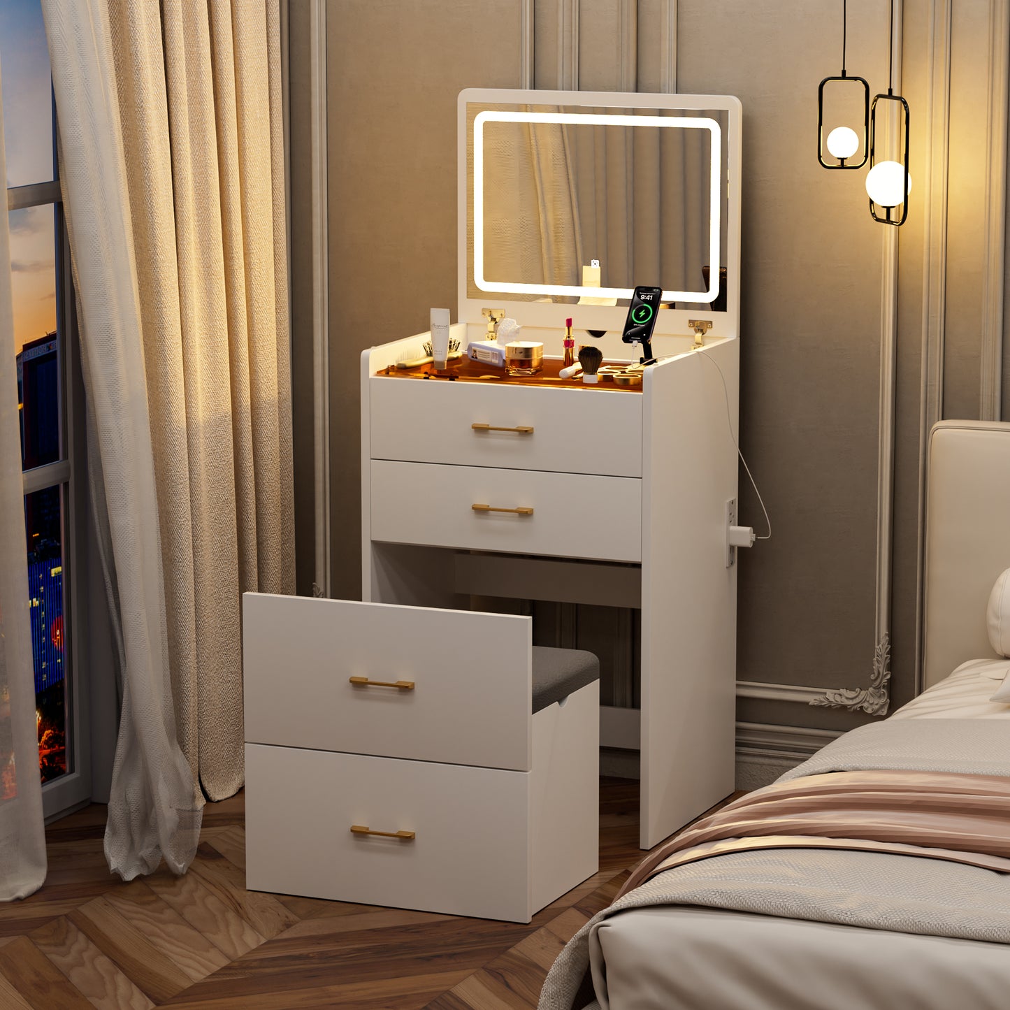 3 In 1 Vanity Desk With Open Top Mirror,Make Up Set Visible Glass