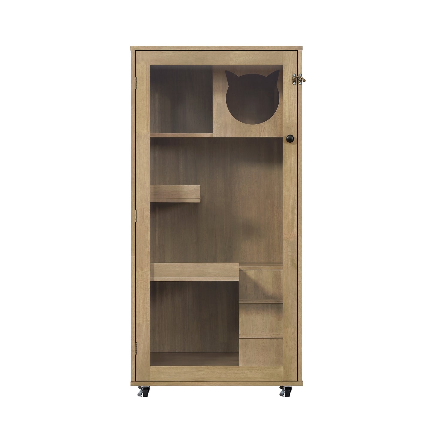 Rubber Wood Cat Enclosure with Multi-Level Shelves & Lockable Wheels - Natural Finish