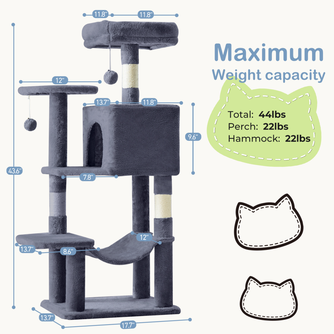 44-Inch Multi-Level Cat Tree Tower with Scratching Posts, Platforms & Hammock