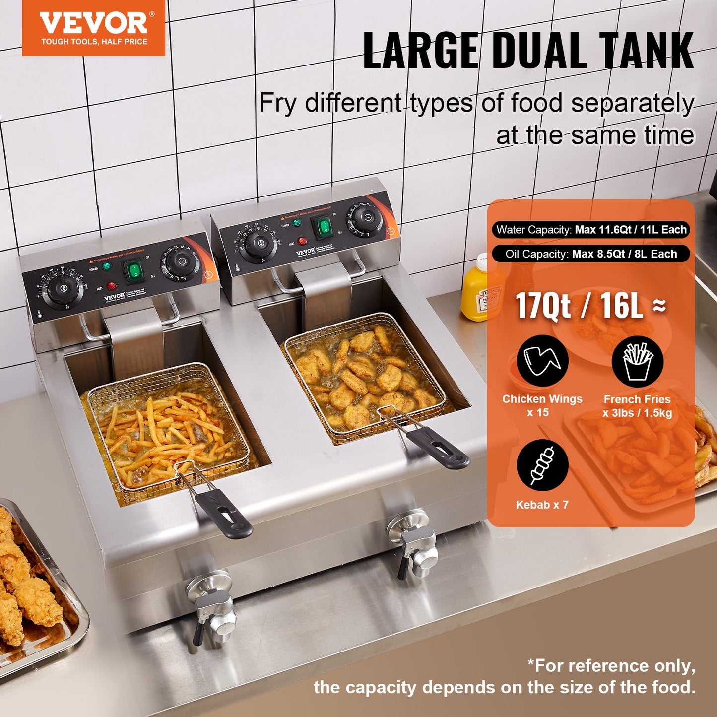 Commercial Double Tank Electric Deep Fryer 3000W for Kitchen Use, Silver
