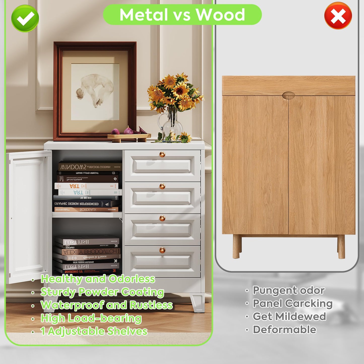 Metal Bathroom Storage Cabinet with 4 Drawers & Shelves - White