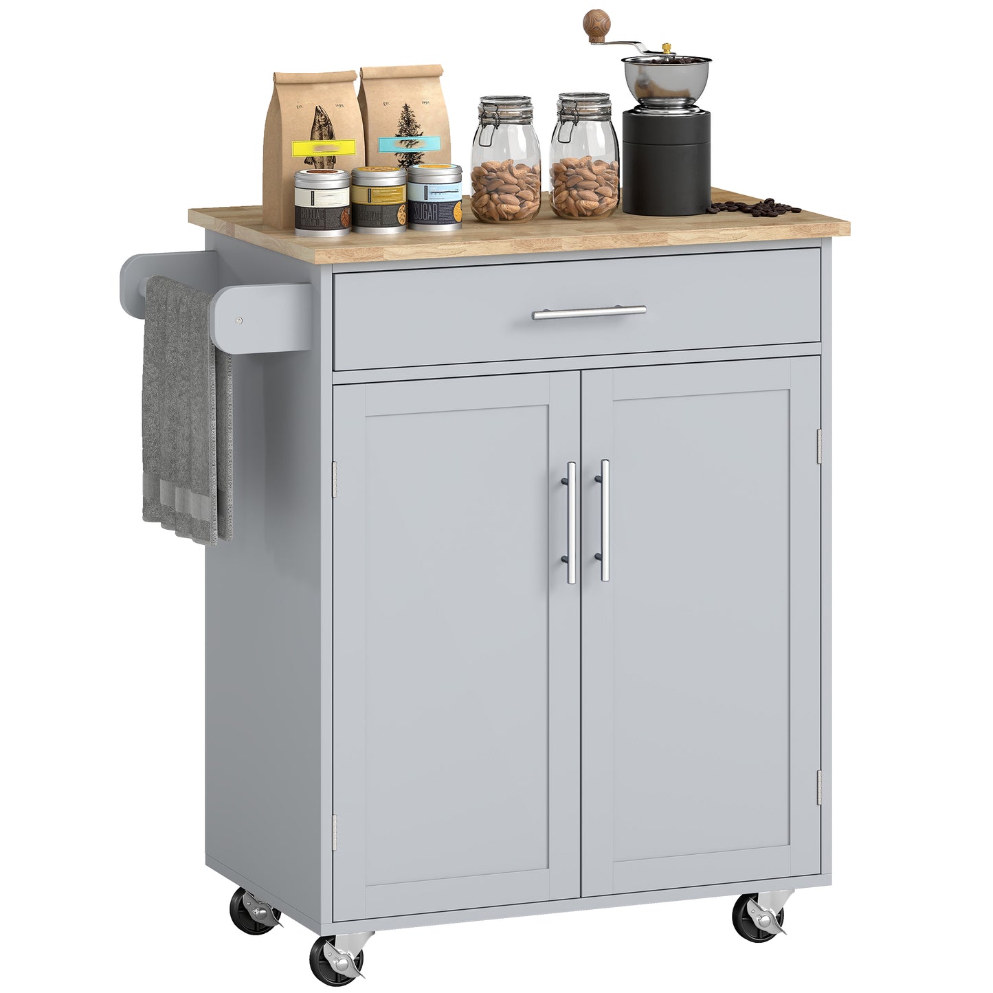 Rolling Kitchen Island Cart with Solid Wood Top & Drawer - Gray