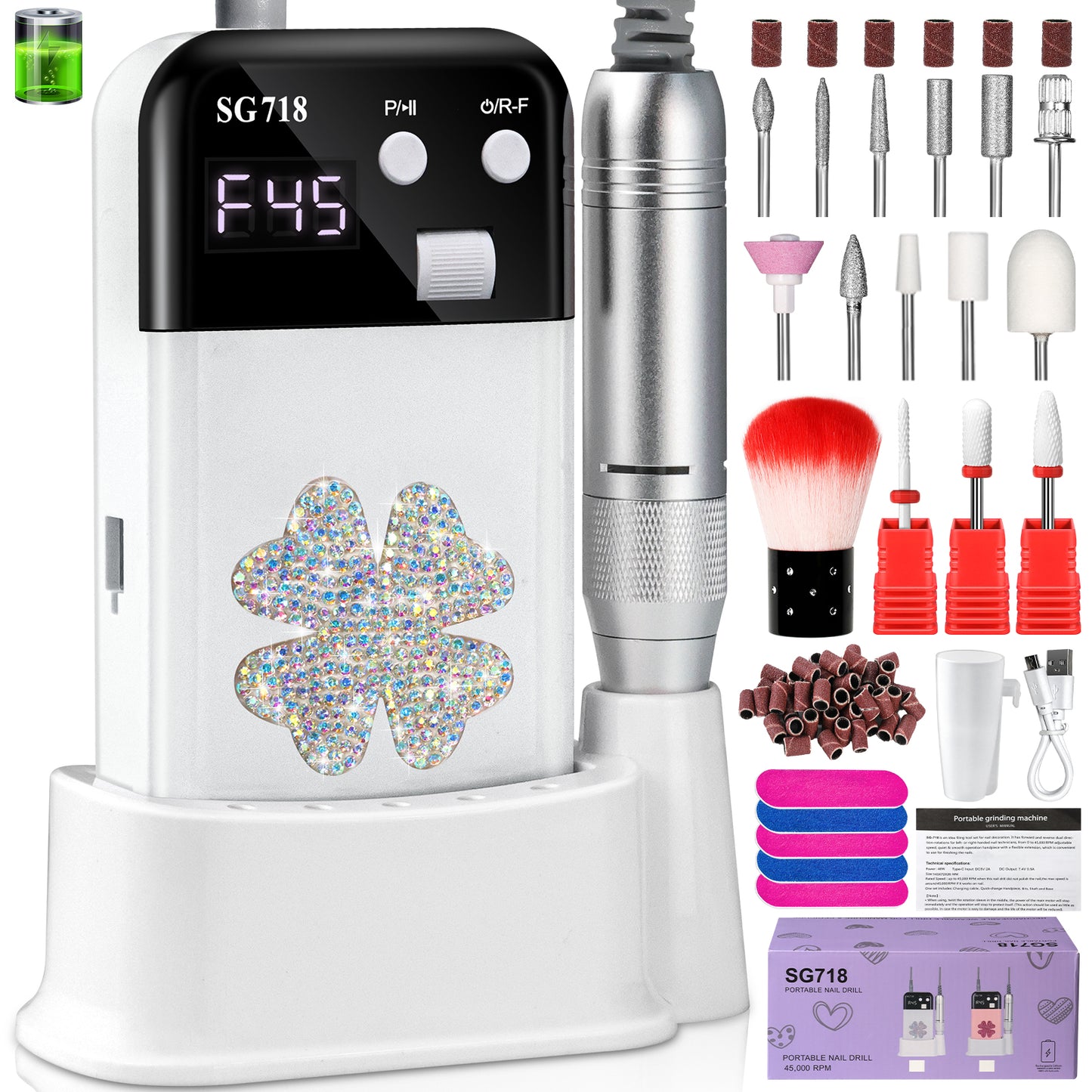 Professional Rechargeable Nail Drill 45000 RPM - Electric File for Gel Nails