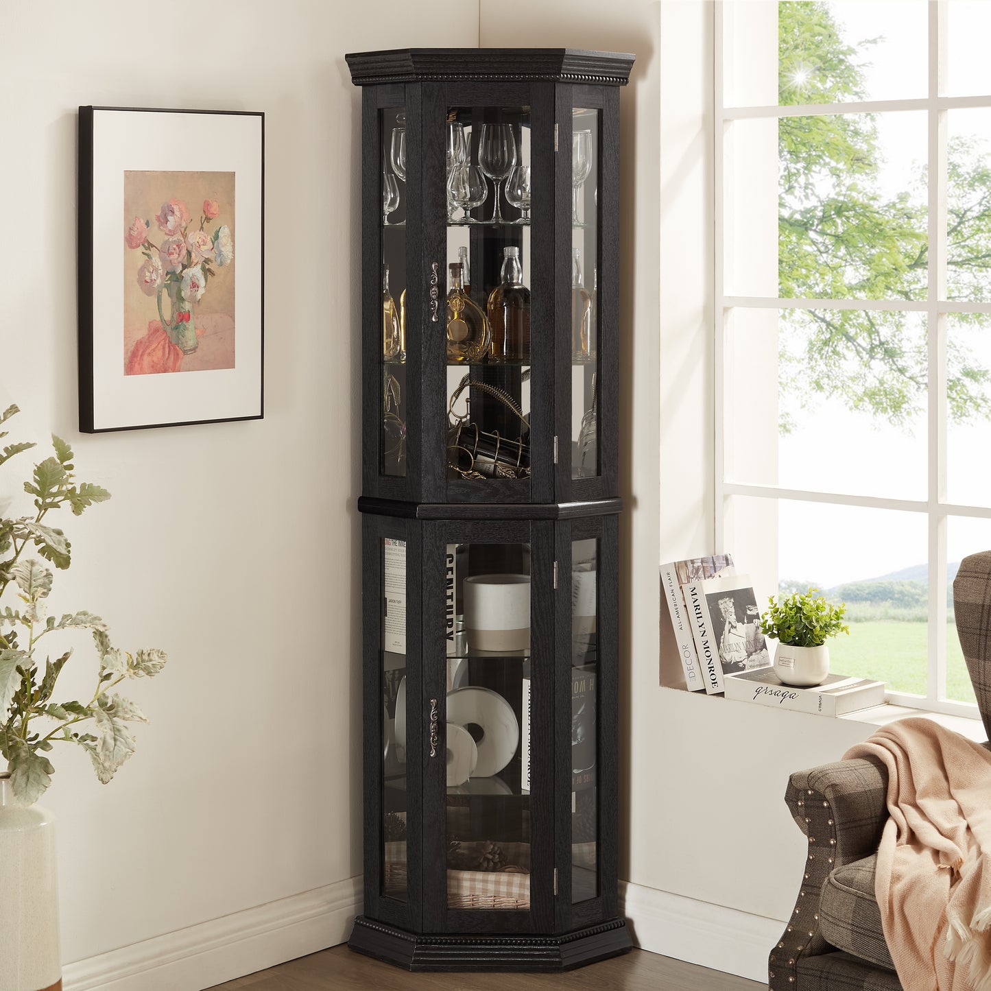 Lighted Corner Curio Cabinet - Glass Display Shelf With Tempered