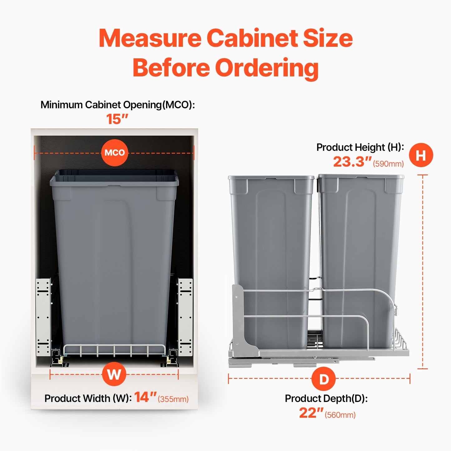 Pull-Out Kitchen Trash Can with Soft Close - 50QT Dual Bin, Grey