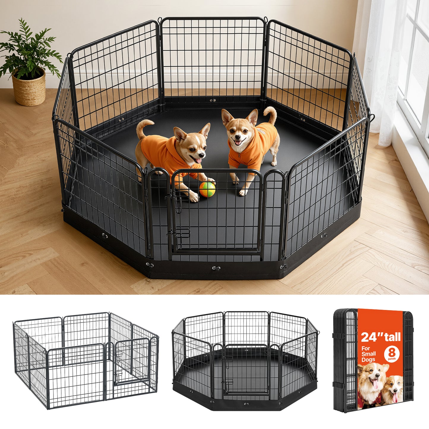 Foldable Dog Playpen 24 Inch with Door & Bottom Pad - Heavy Duty Metal Exercise Fence for Small Pets