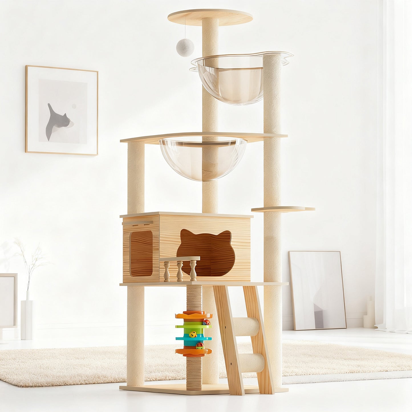 59-Inch Modern Wooden Cat Tower with Sisal Scratching Posts, Top Perch & Acrylic Hammock