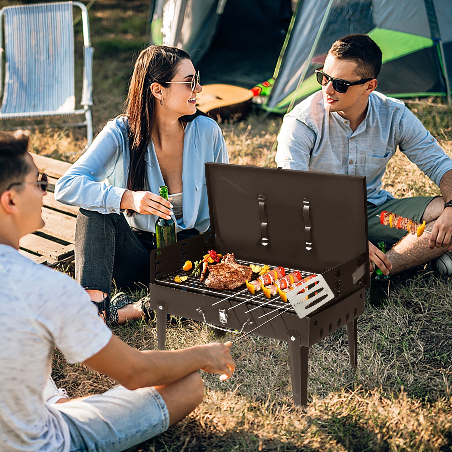 Portable Square Charcoal Grill with Adjustable Height - Black