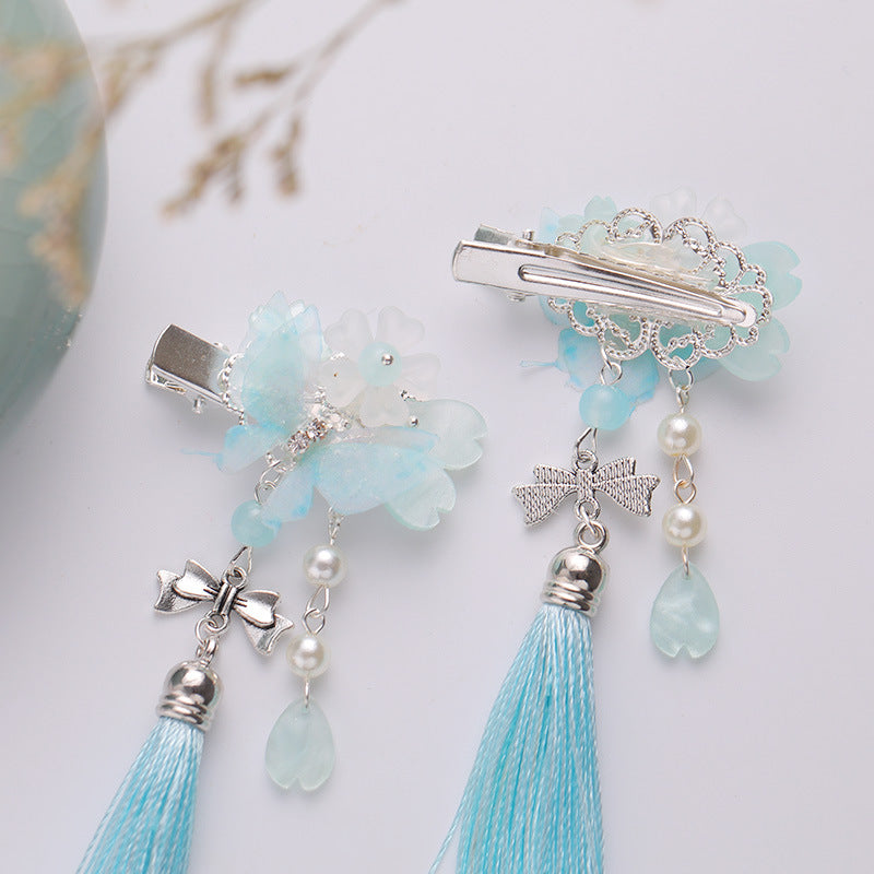 Colorful Floral Hairpin Clip Pair with Tassel