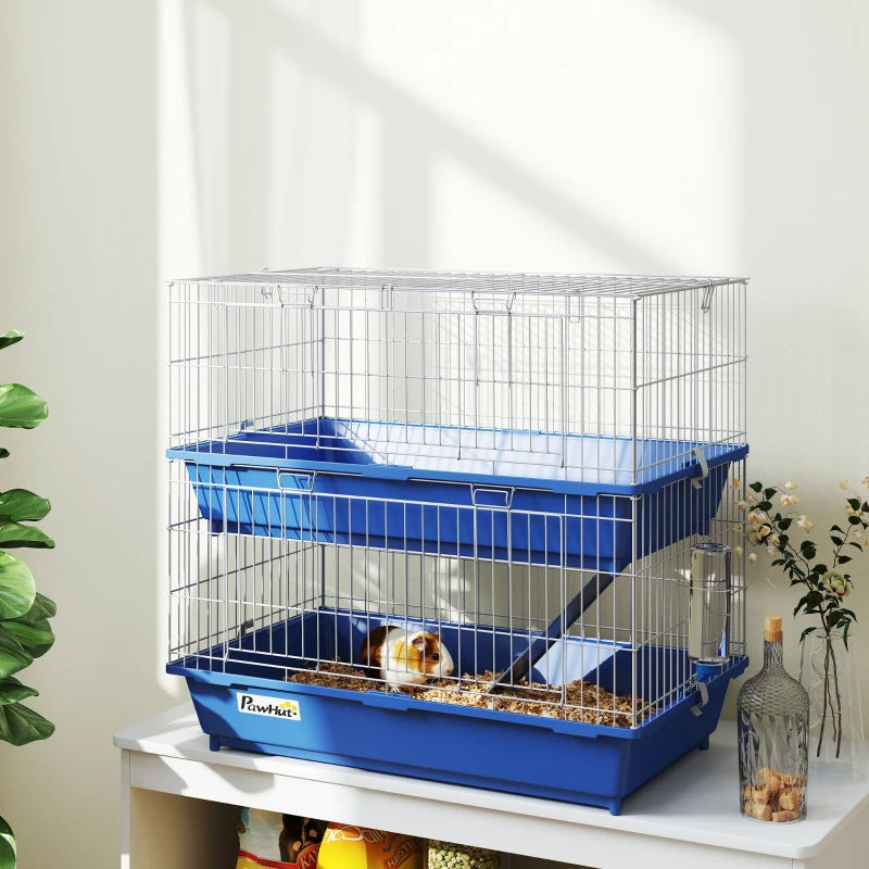 2-Tier Small Animal Cage with Ramp and Accessories - Indoor Guinea Pig, Chinchilla, Ferret Habitat in Blue & Gray