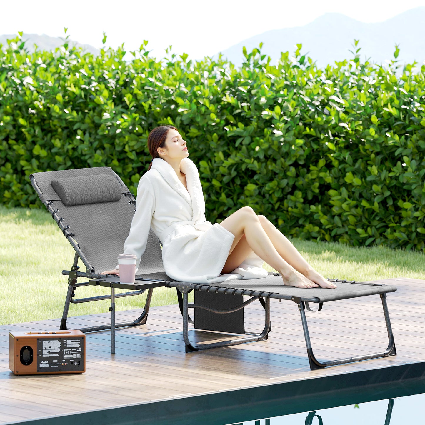 Folding Outdoor Chaise Lounge Chair with Side Table & Pillow - Gray