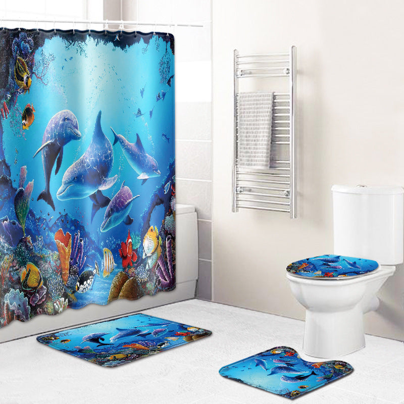 Bathroom Shower Curtain and Floor Mat Set Ocean World Printing - 4 Piece