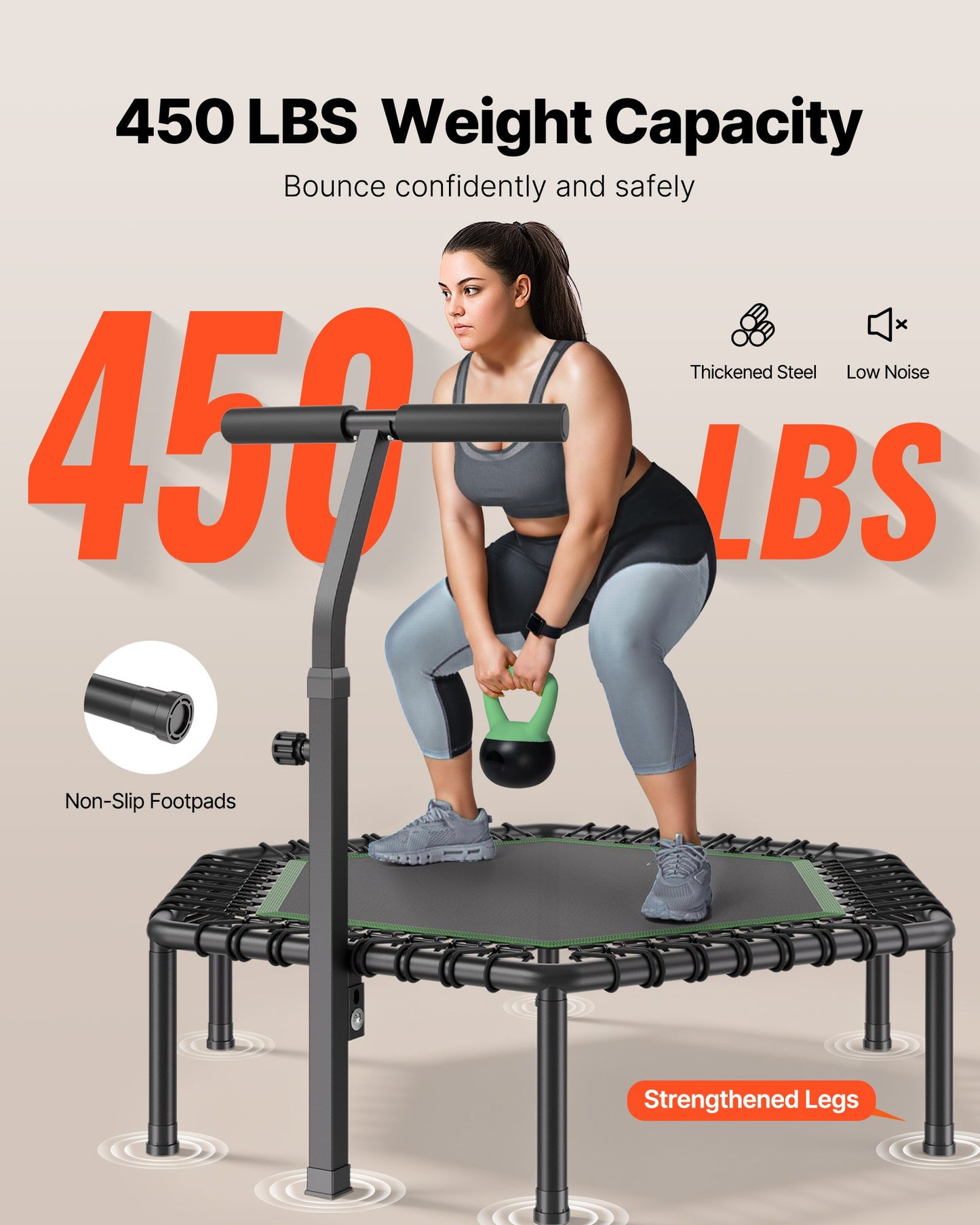 Mini Trampoline for Adults 54.5 Inch Fitness Rebounder with Adjustable Handle & Quiet Support