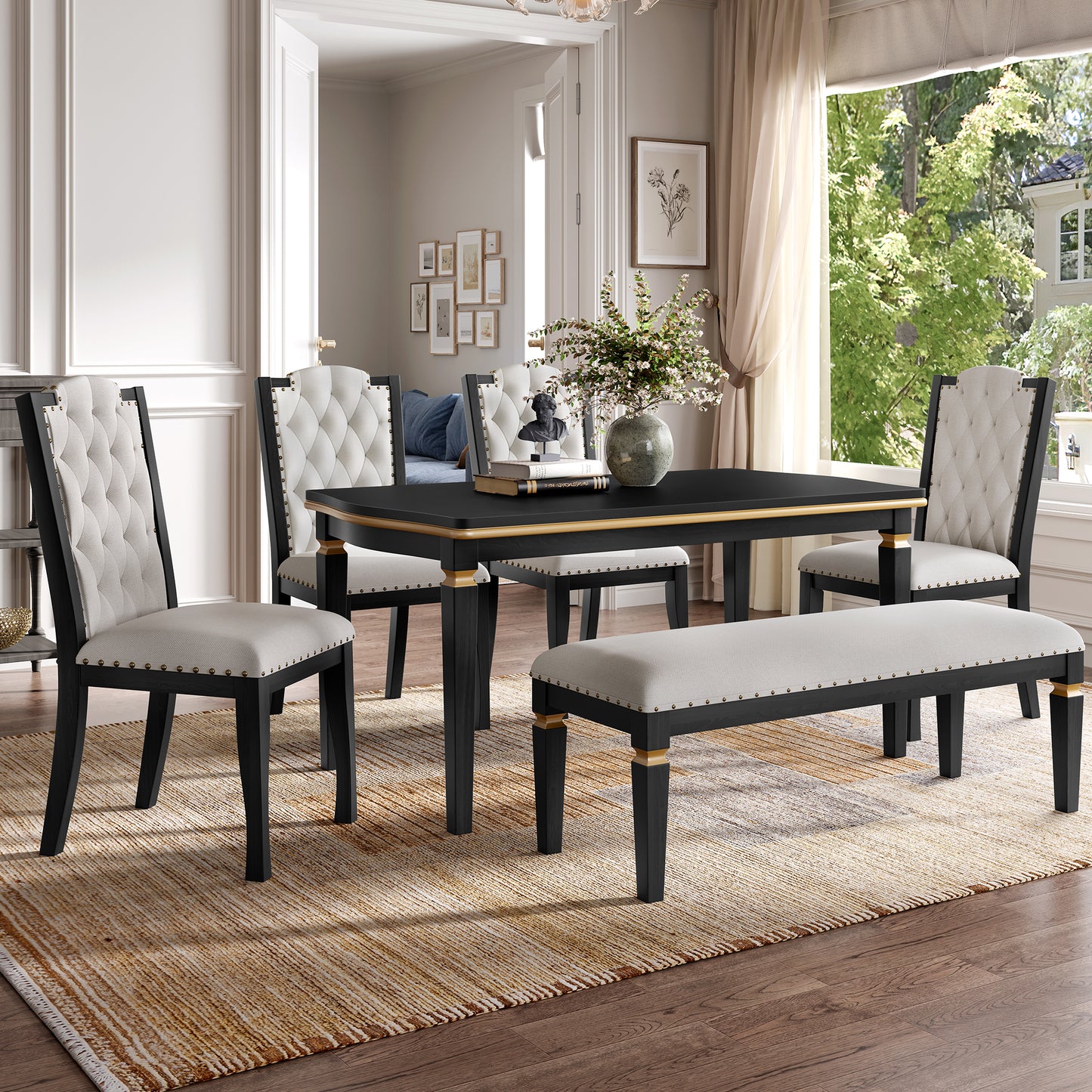 6-Piece Kitchen Dining Table Set, 60 Rectangular And 4 High-Back
