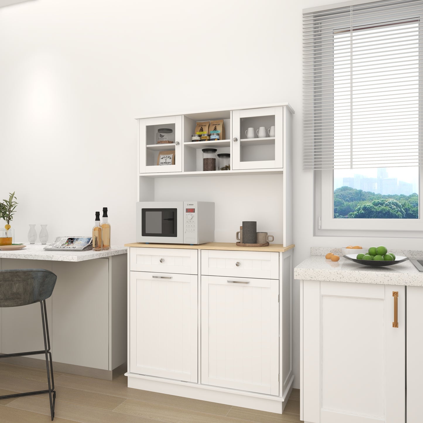 67.7" Tall Kitchen Trash Can Storage Cabinet with 3 Shelves & 2 Drawers - White