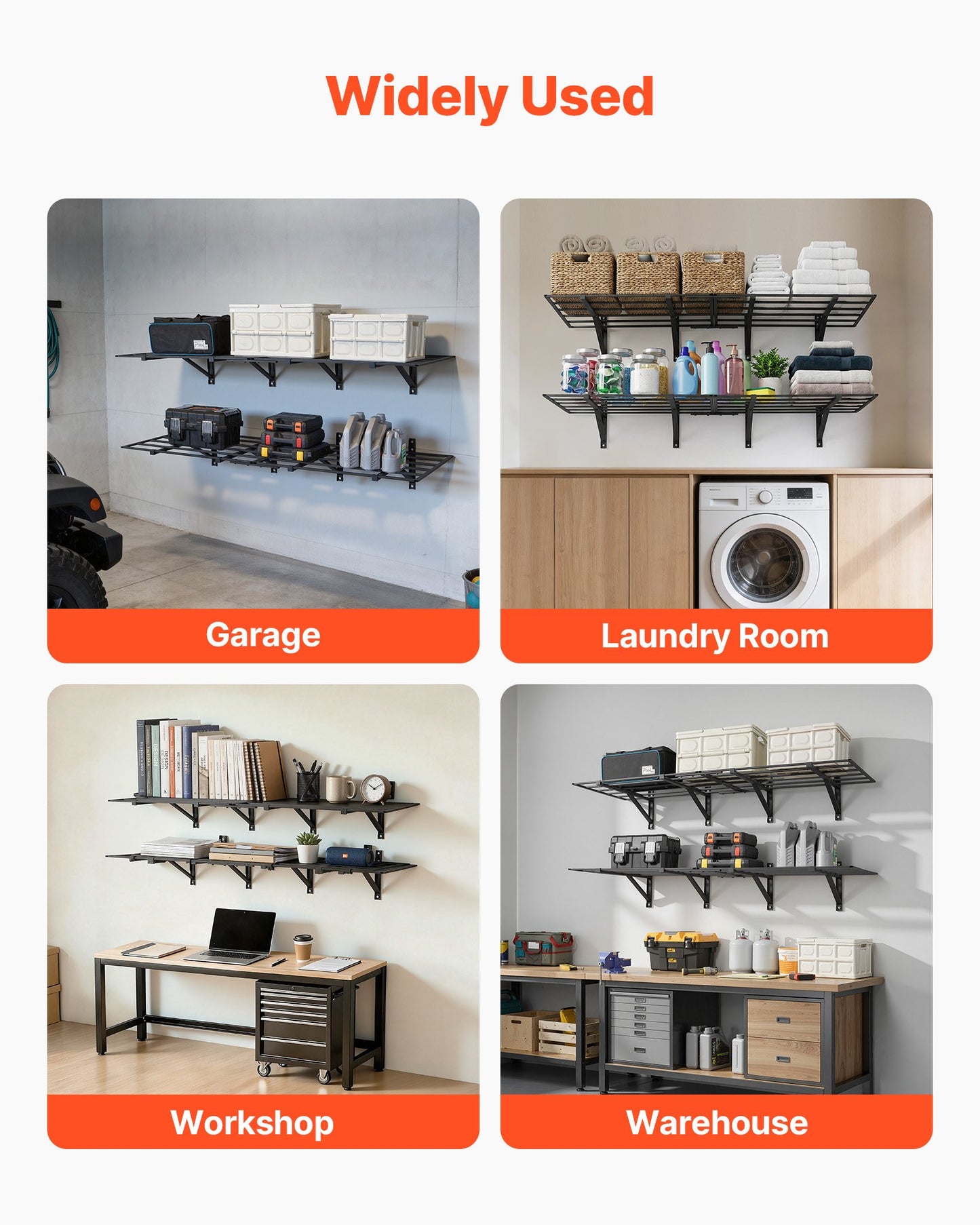 Heavy Duty Wall Garage Shelving Set - 2 Pack 24x72 Inch Steel Wall Mounted Storage Racks - Black