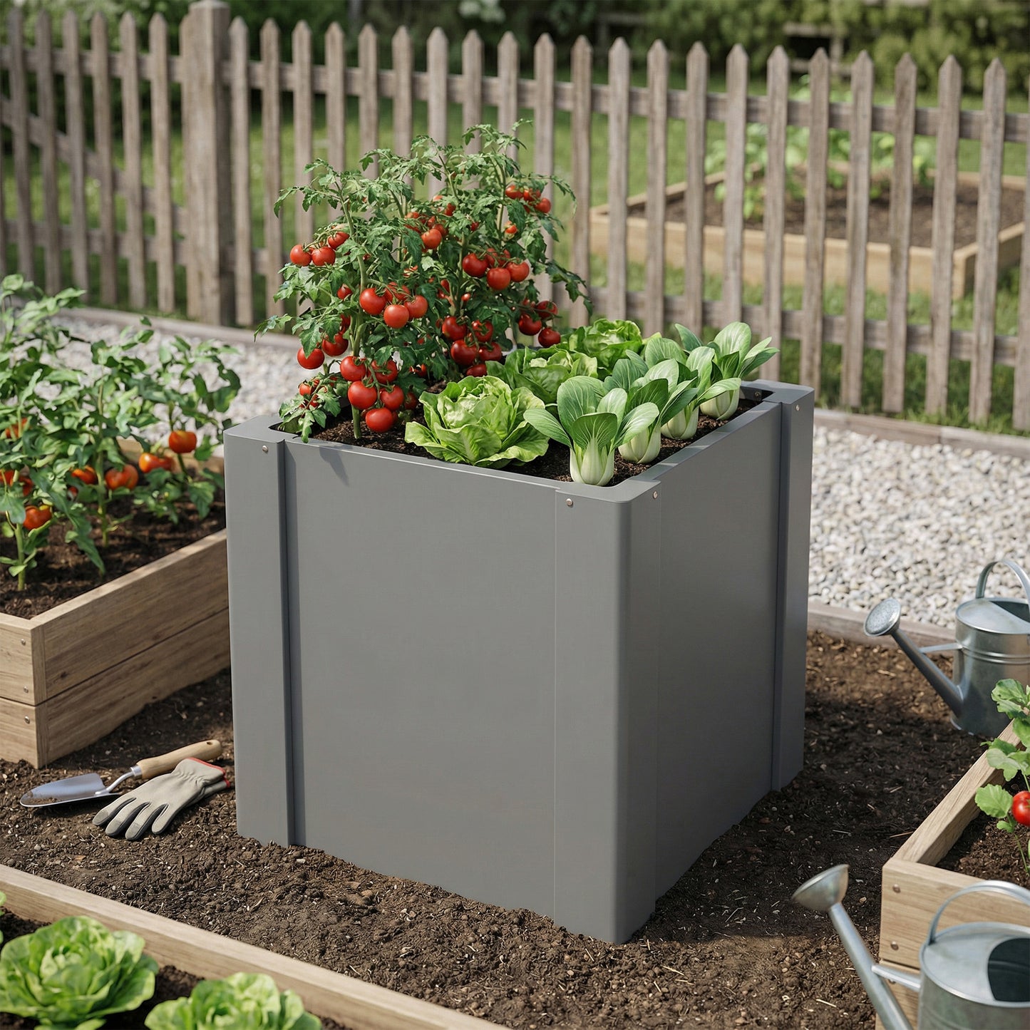 Galvanized Raised Garden Bed Planter Box Outdoor with Gardening Gloves - Gray 1.4x1.4x1.5 ft