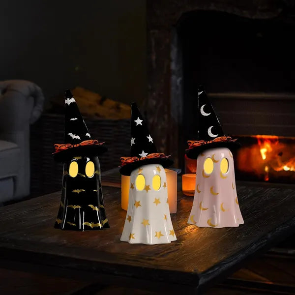 Set of 3 Ceramic Ghost Figurines with Witch Hats for Halloween Decor
