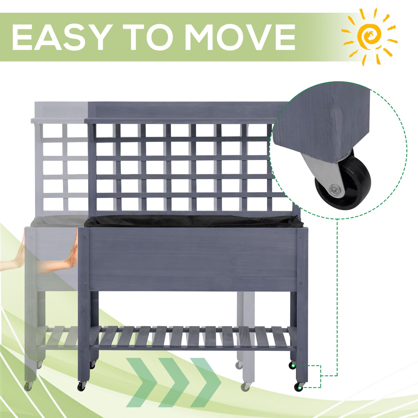 41-Inch Elevated Wooden Garden Bed with Wheels and Trellis - Gray