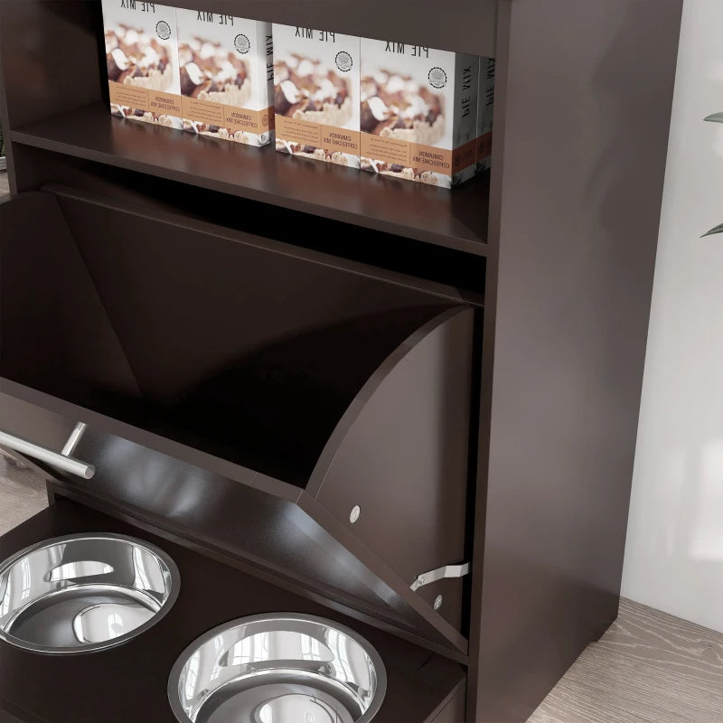 Dog Food Storage Cabinet with Elevated Bowls and Side Hooks - Brown