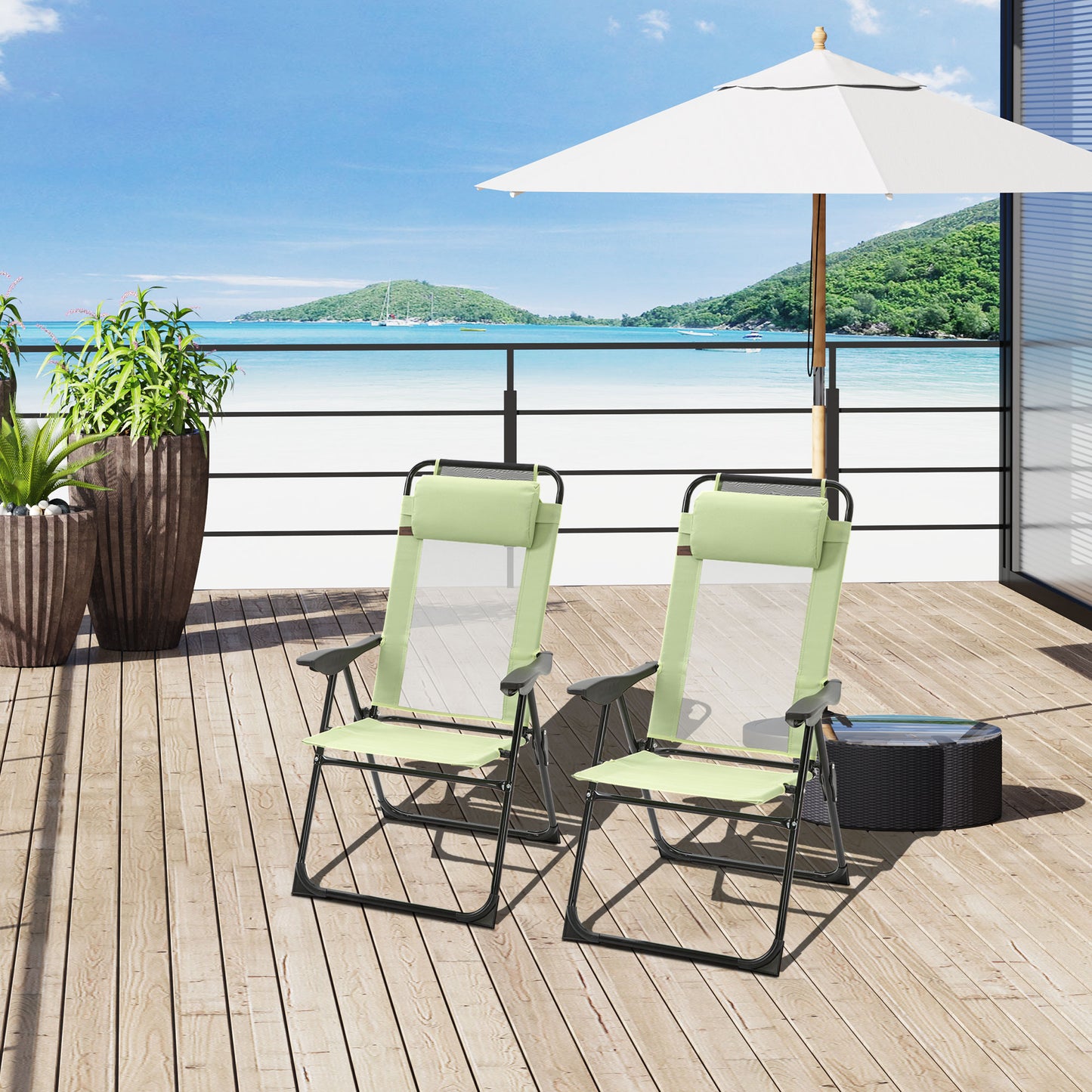 Set of 2 Portable Folding Outdoor Recliners with Adjustable Backrest - Green