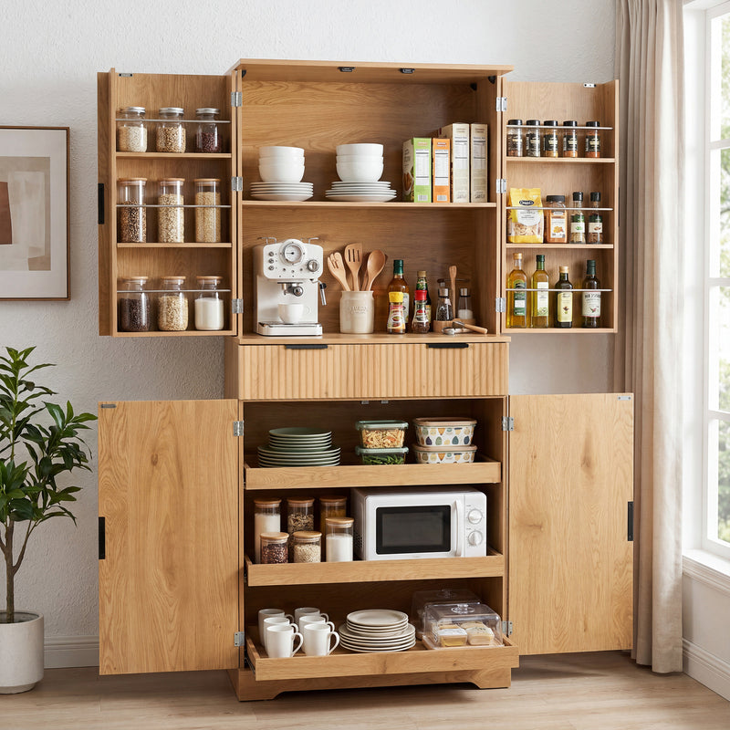 72-Inch Fluted Kitchen Pantry Cabinet with 3 Drawers & 6 Shelves - Oak
