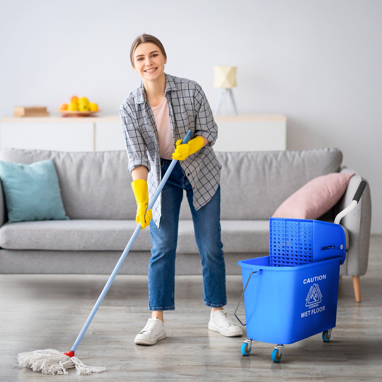 Blue 21 Quart Mop Bucket with Wringer & Water Separation for Floor Cleaning