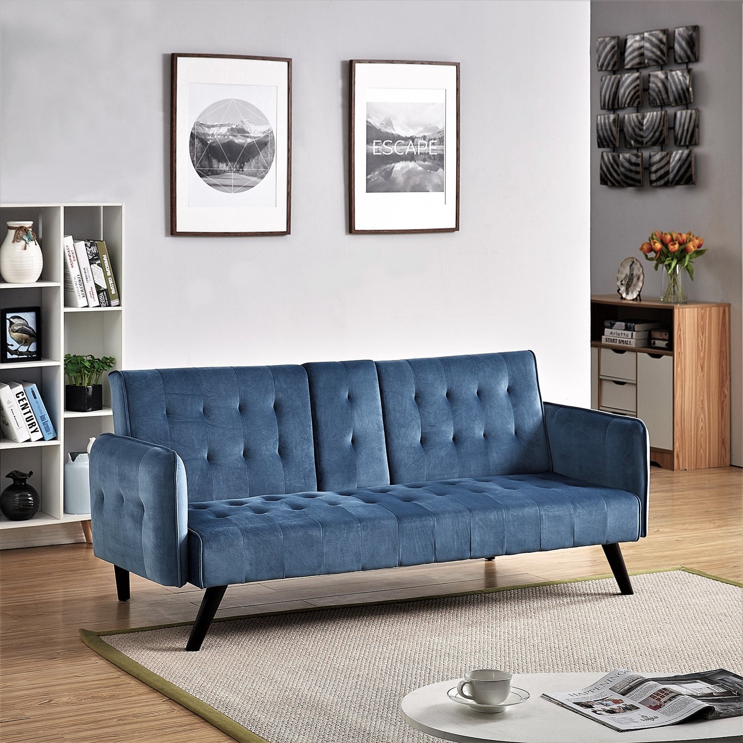 72 Velvet Convertible Sofa Bed With Cup Holders, Tufted Folding Futon