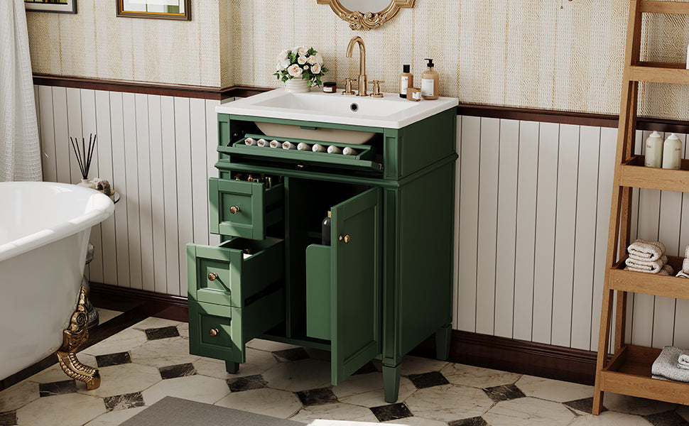 24'' Green Bathroom Vanity with Ceramic Sink & Storage Drawers