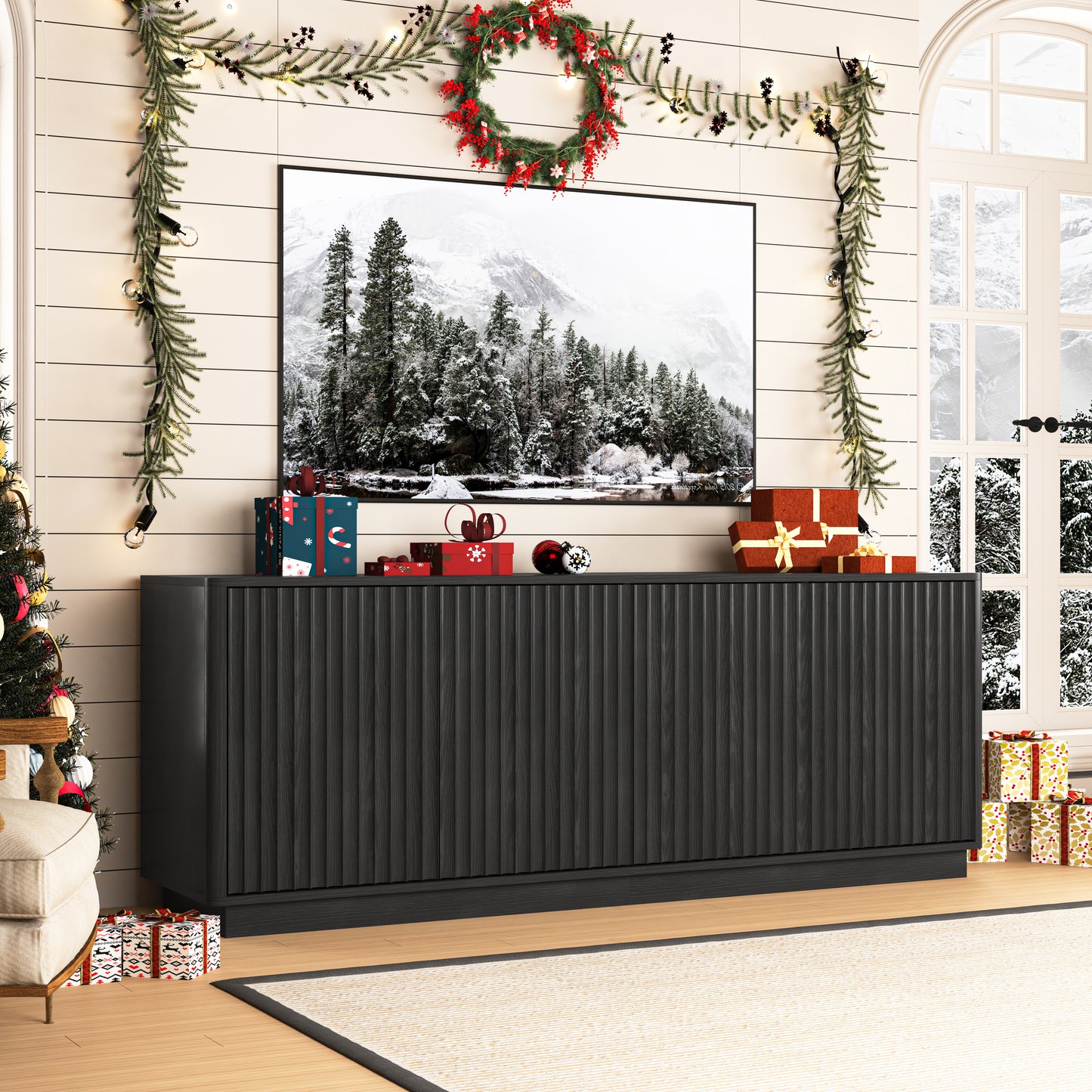 Buffet Storage Cabinet - 62.99" Wooden Sideboard with 4 Doors - Black