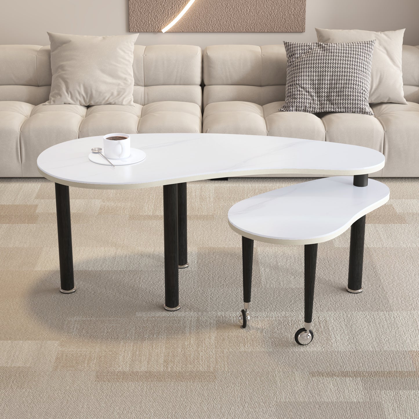 Contemporary Rotatable Cocktail Table With Solid Rubber Wood Legs,