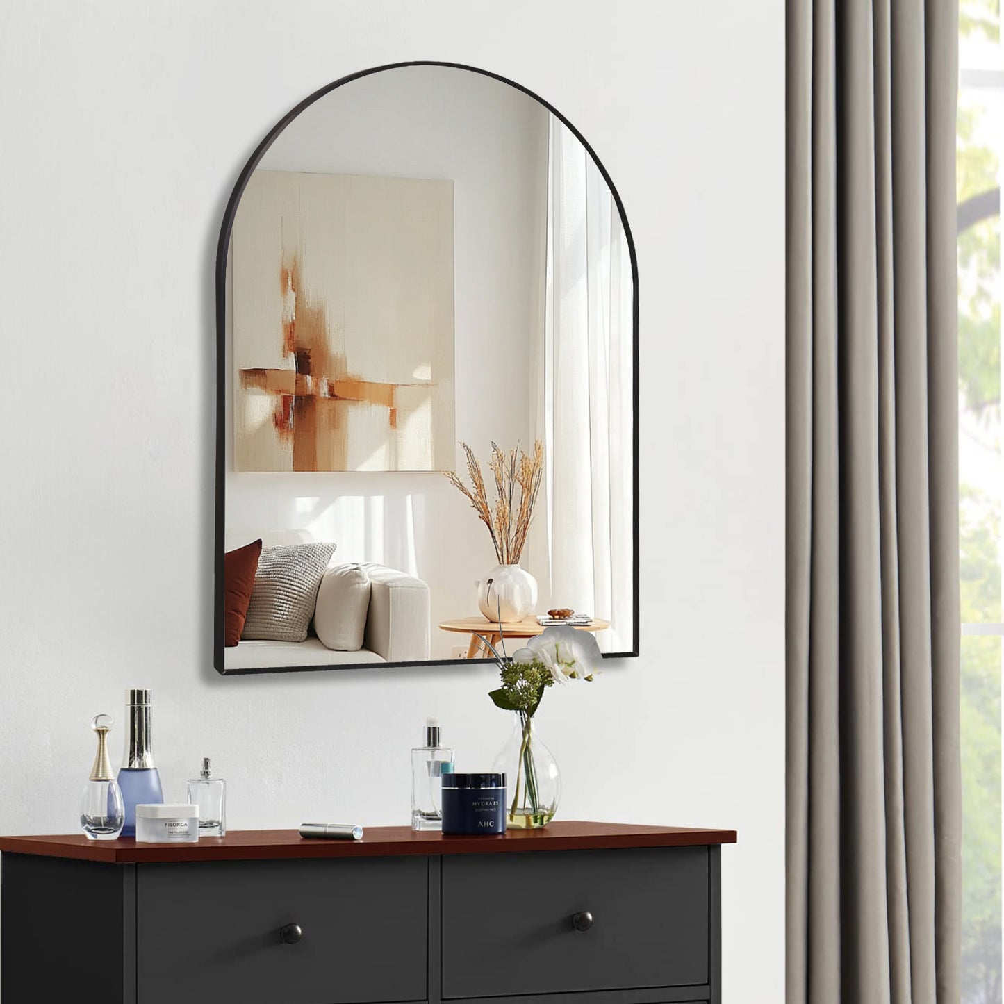 30x40 Inch Black Metal Framed Arched Bathroom Wall Mirror