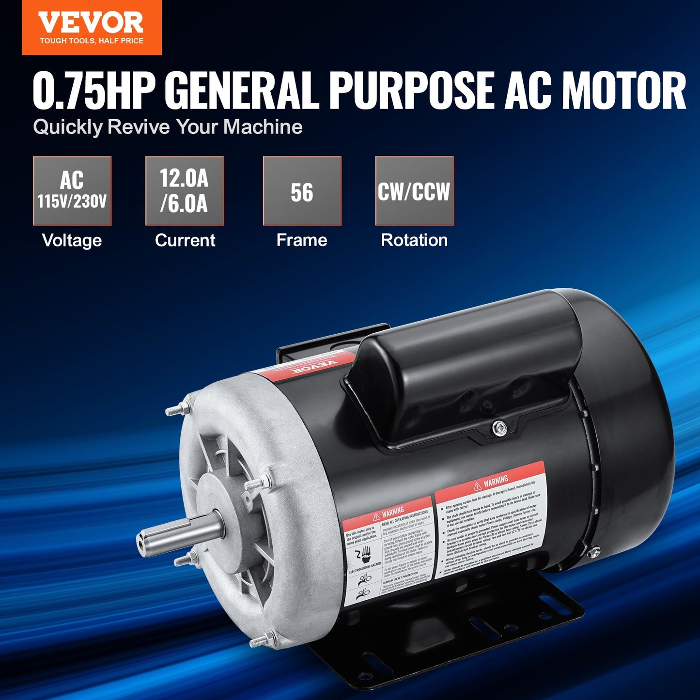 0.75HP Single Phase Electric Motor for Air Compressors - Reversible 1725rpm, 56 Frame, 5/8" Shaft