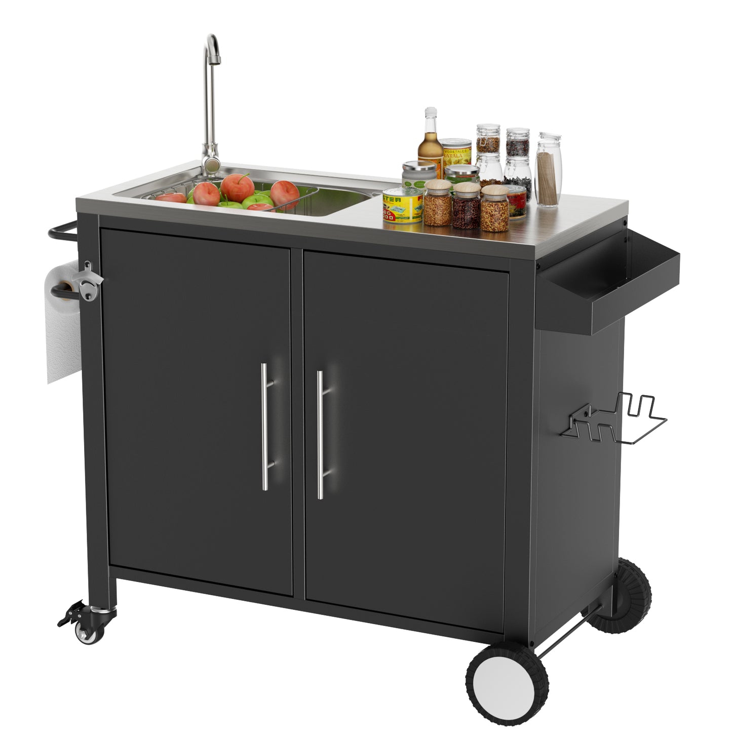 Outdoor Grill Cart with Sink - Stainless Steel Kitchen Station on Wheels