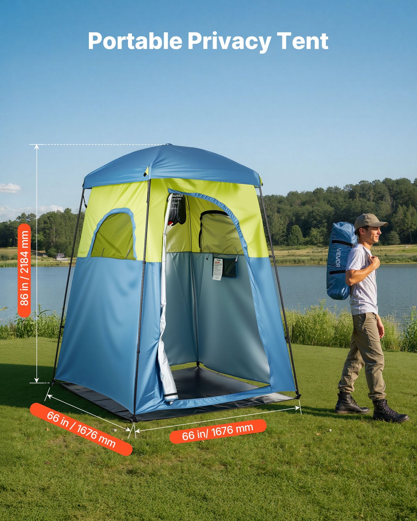 Portable Camping Shower Tent with Privacy, Ground Stakes & Carry Bag