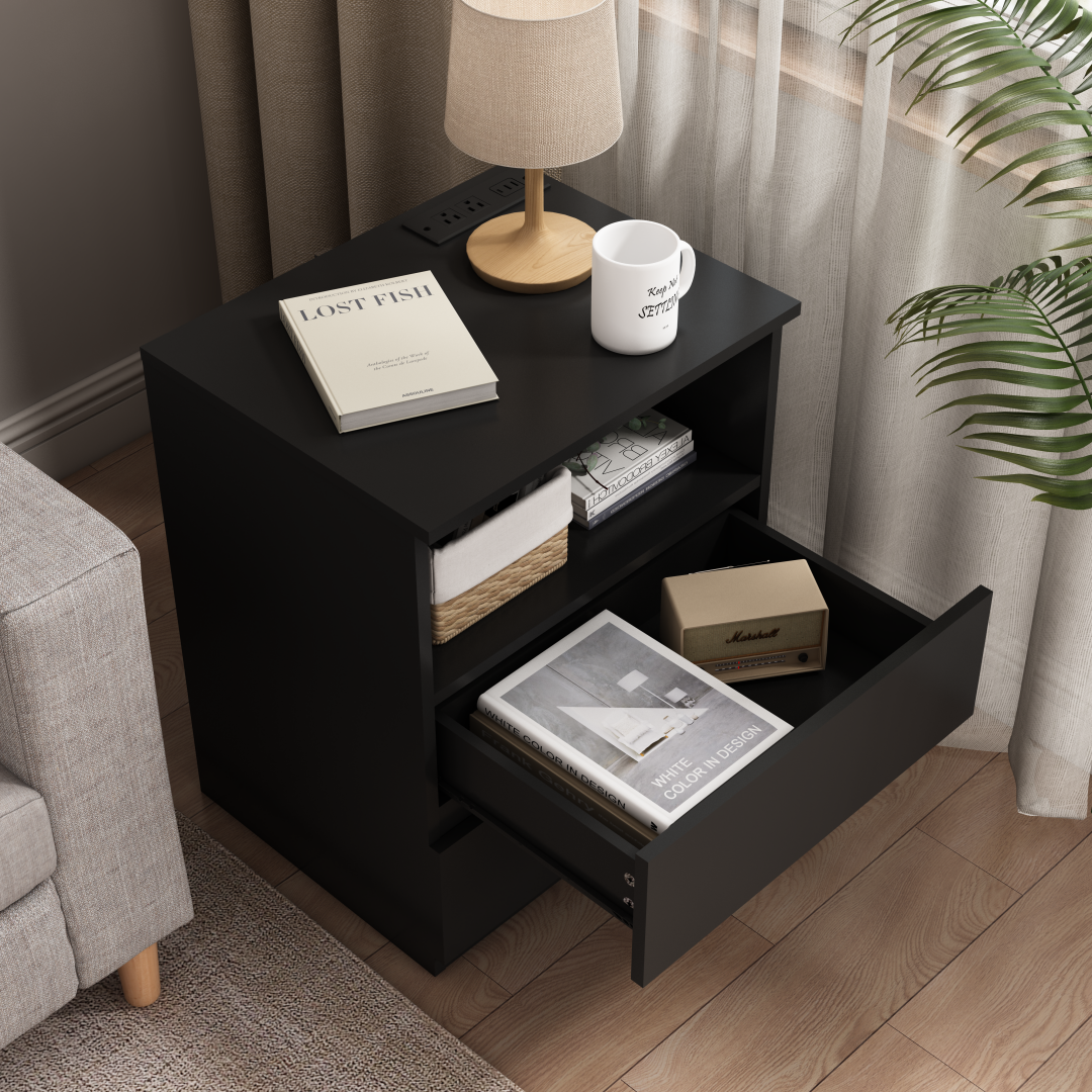 Set of 2 Modern End Tables with USB Charging Station & Drawers - Black